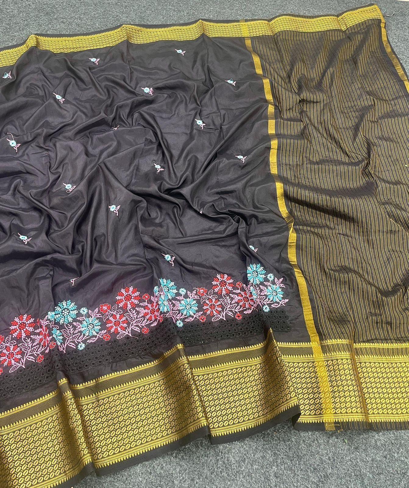 Latest Embroidered Designer Silk Saree With Embroidered Blouse – Buy Now
