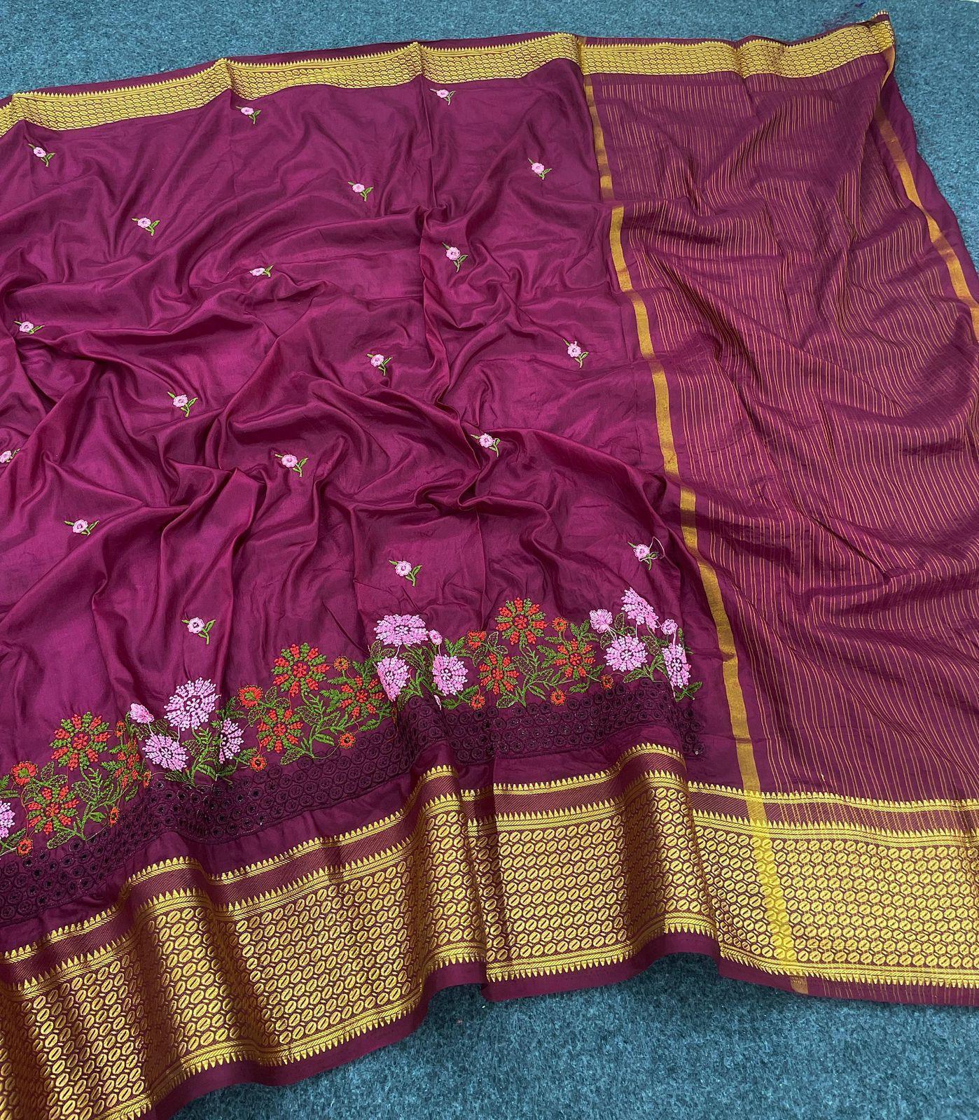 Beautiful Embroidered Designer Silk Saree With Embroidered Blouse