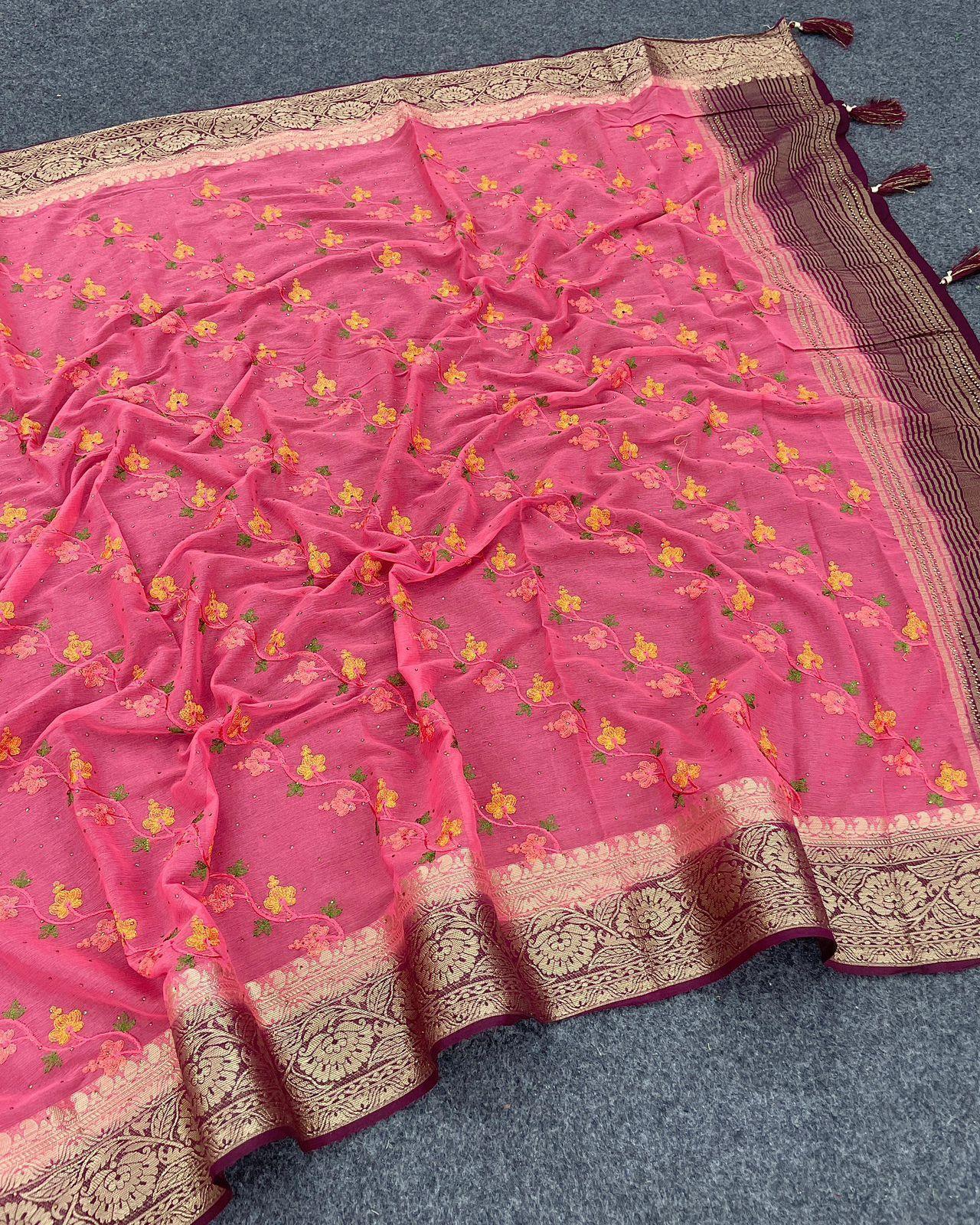 Handcrafted Embroidered Designer Silk Saree With Blouse – Premium Style