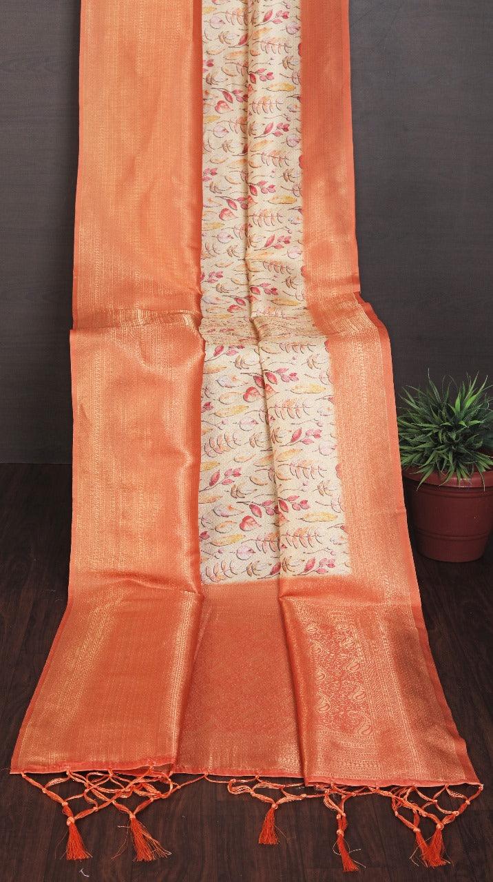 latest soft silk printed saree in orange colour saree
