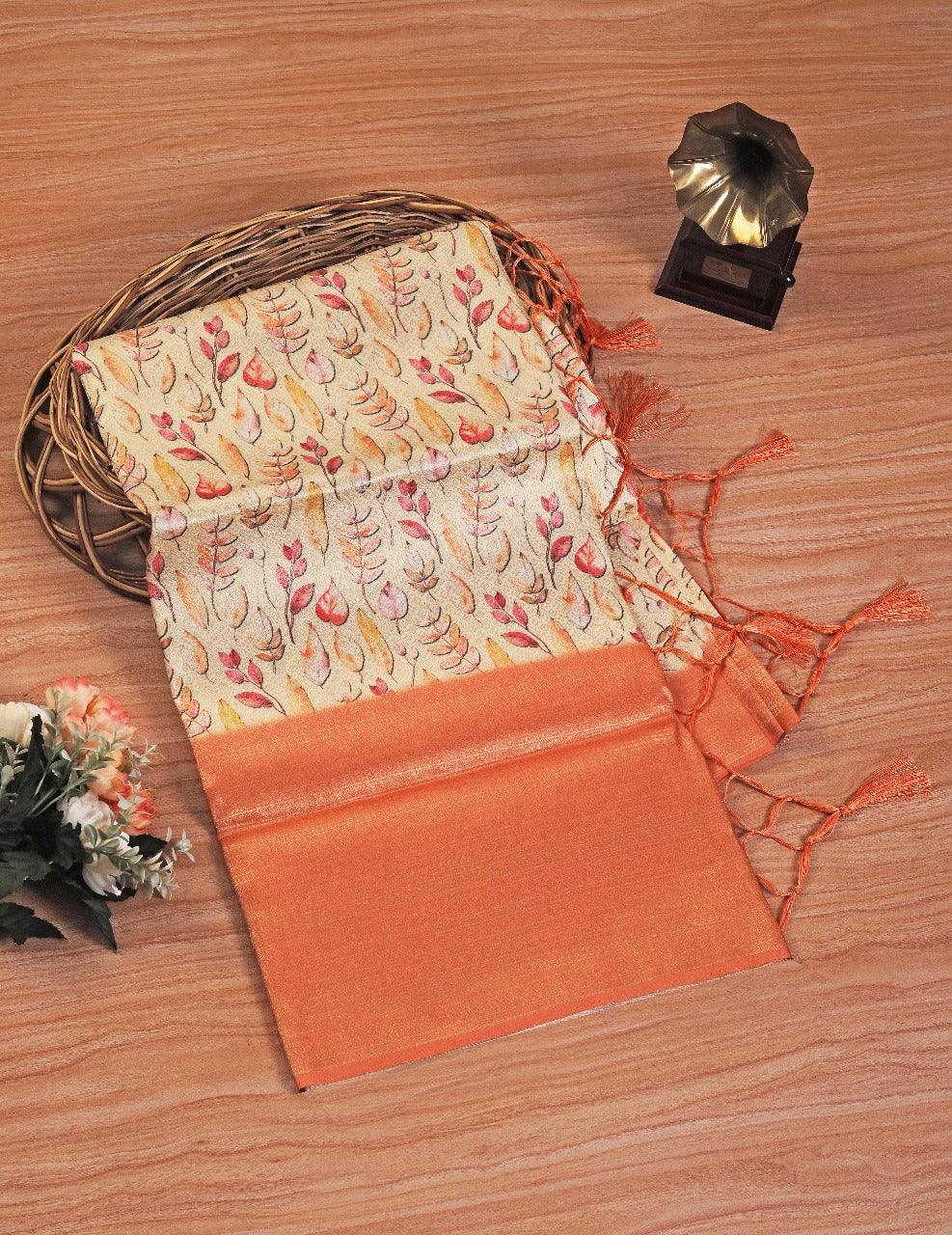 latest soft silk printed saree in orange colour saree