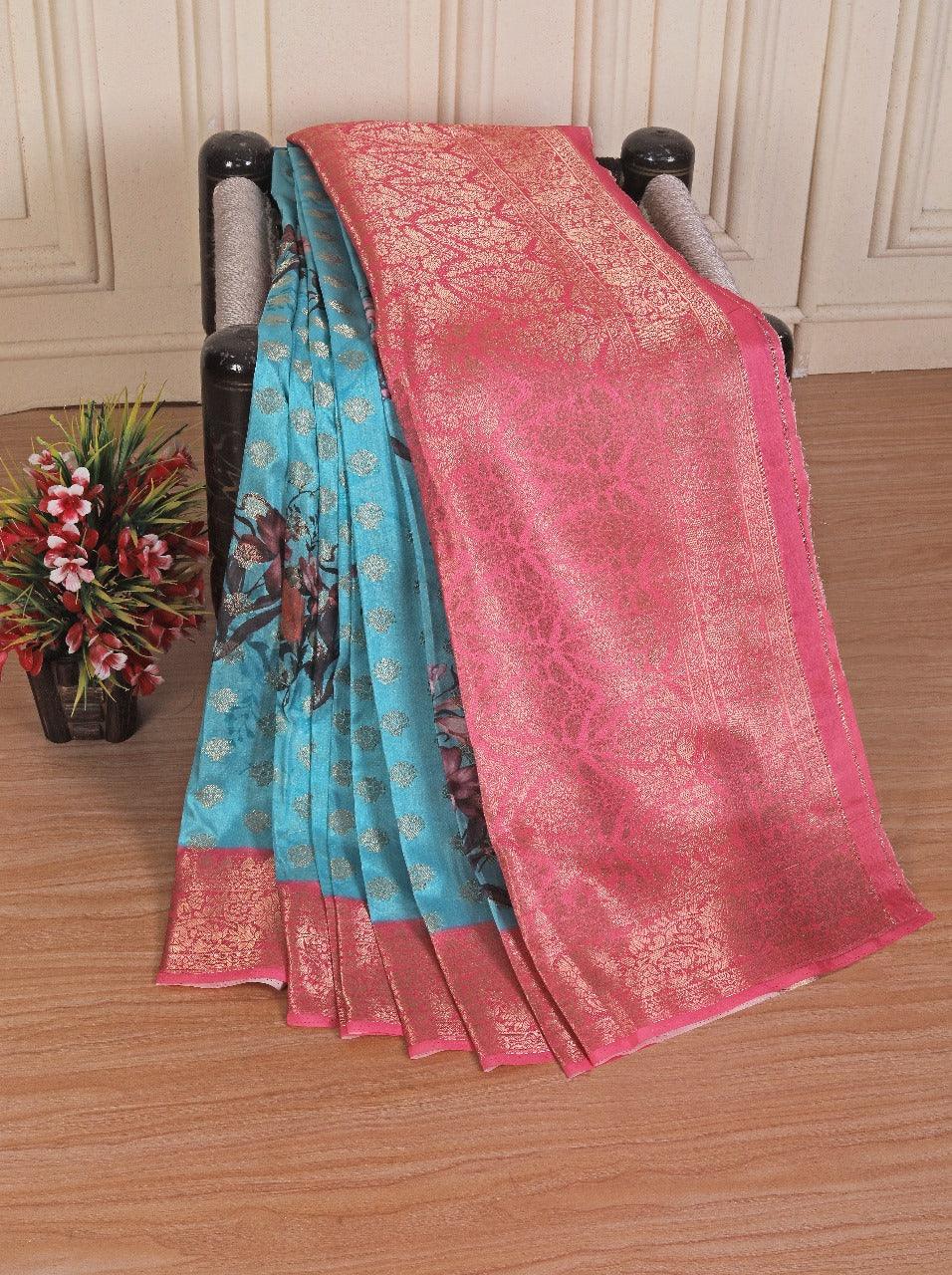 latest soft silk printed saree in sky blue colour