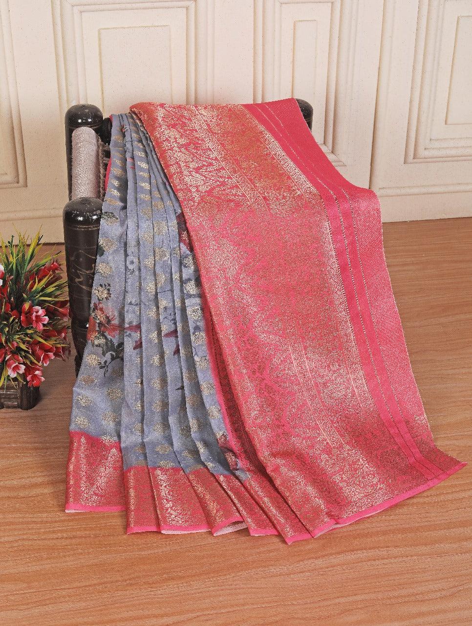 latest soft silk printed saree in grey colour