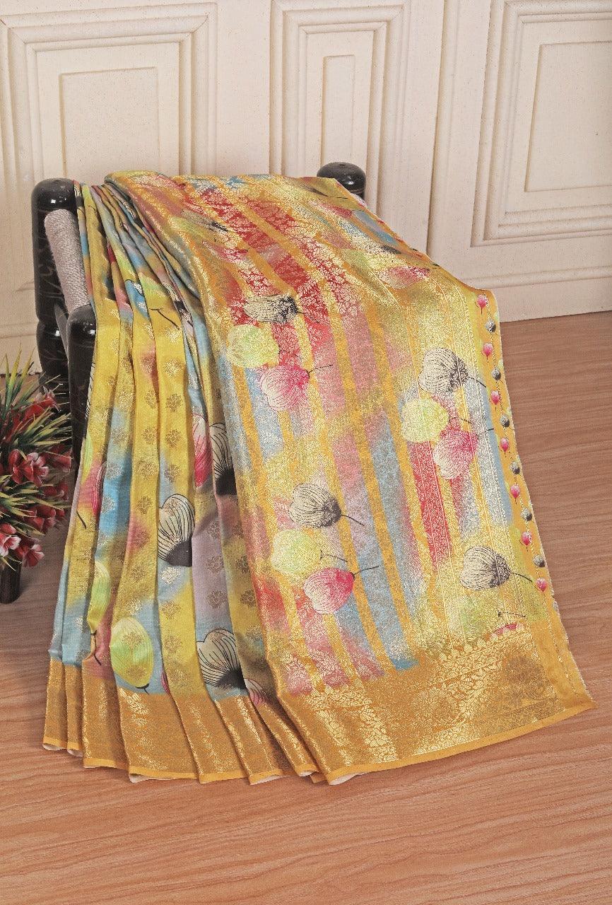 latest soft silk printed saree in yellow colour