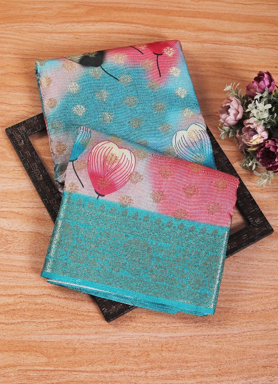 latest soft silk printed saree in blue colour