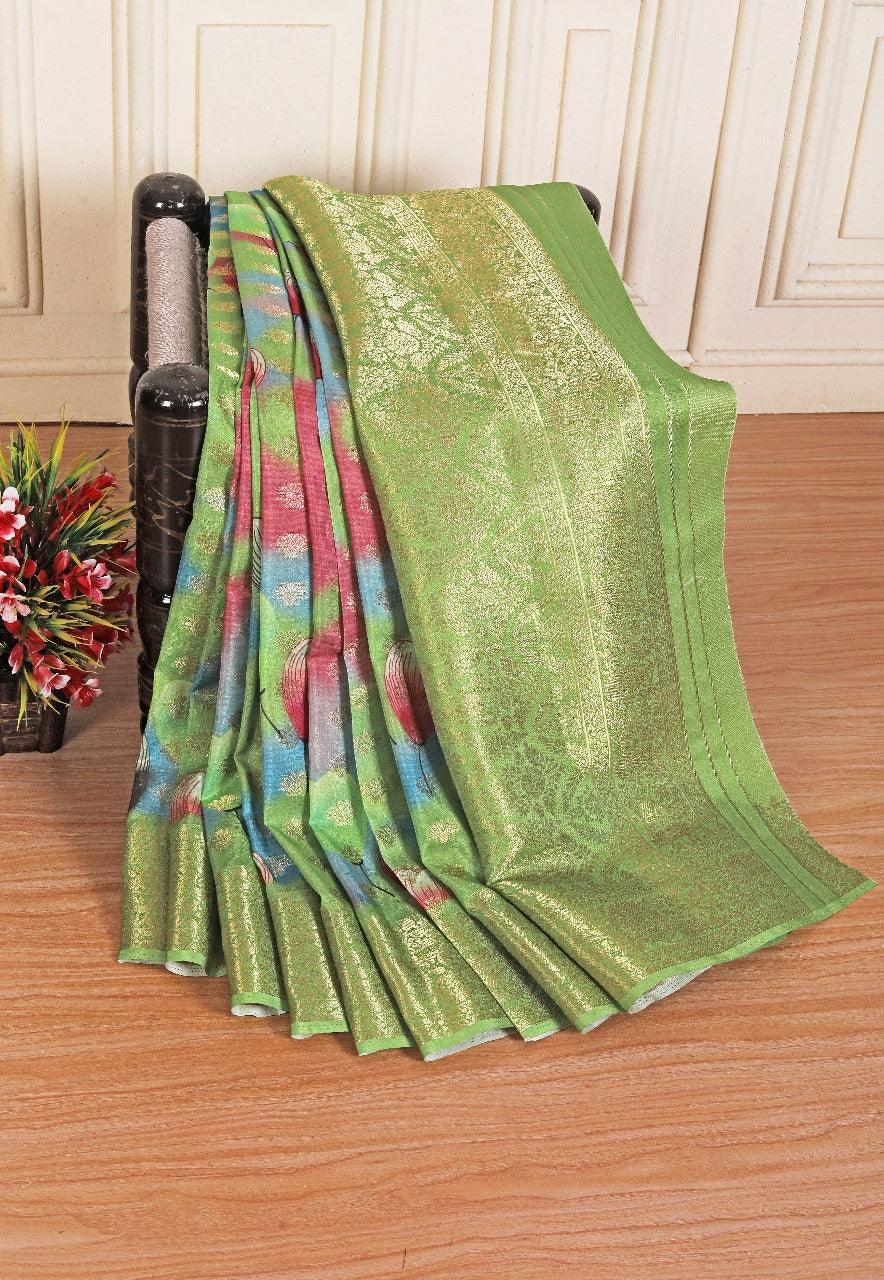 latest soft silk printed saree in green colour