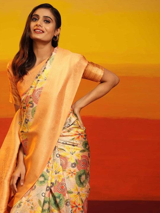 Modern Elegance: Digitally Printed Soft Silk Sarees in Golden