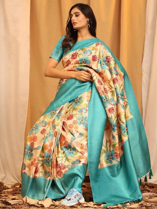 Modern Elegance: Digitally Printed Soft Silk Sarees in Pastel Blue