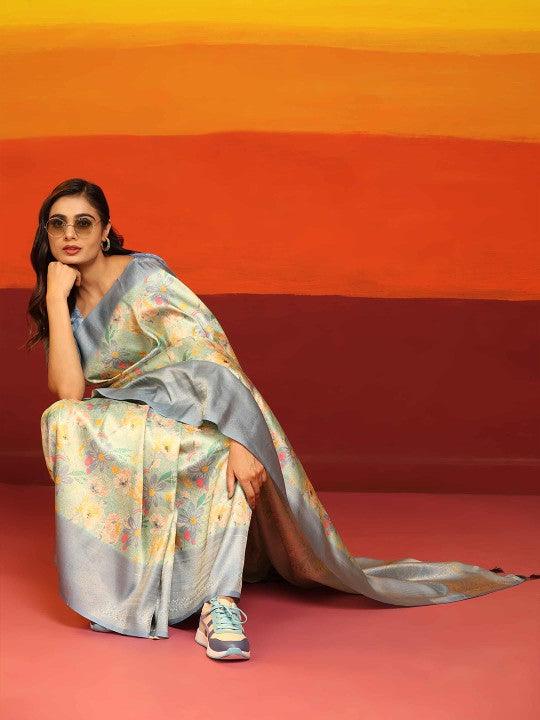 Modern Elegance: Digitally Printed Soft Silk Sarees in Silver
