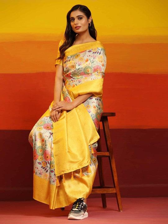 Modern Elegance: Digitally Printed Soft Silk Sarees in Yellow