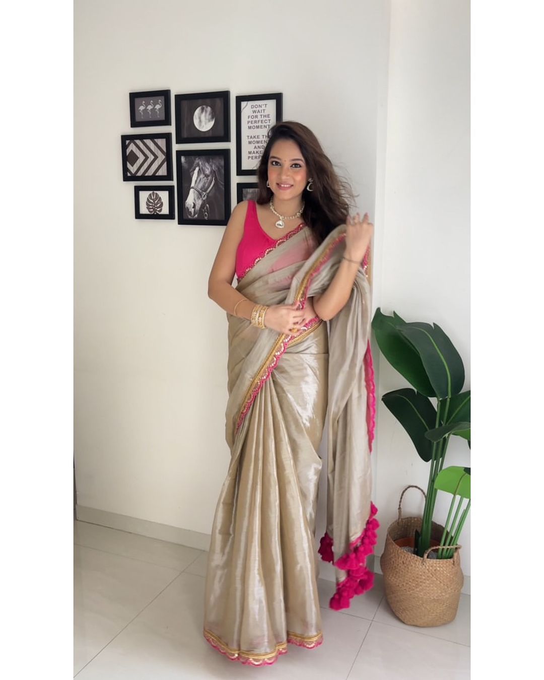 Gold and Pink Pure Crushed Tissue Silk by Icultuer