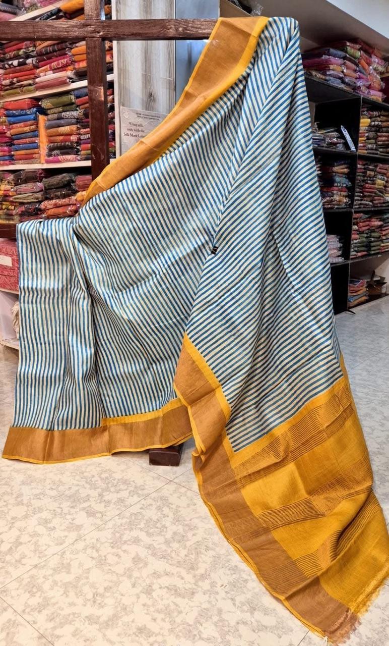 Tussar Handprint by Icultuers with Elegant Kanchi Pallu in Blue