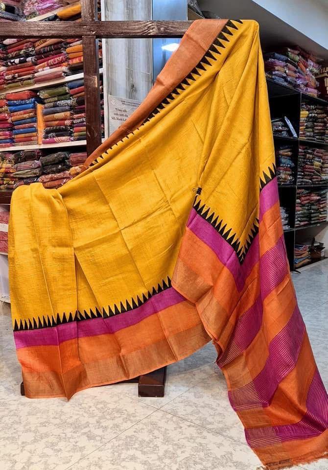 Lustrous Beauty: Tussar Handprint by Icultuers with Rich Golden Kanchi Pallu