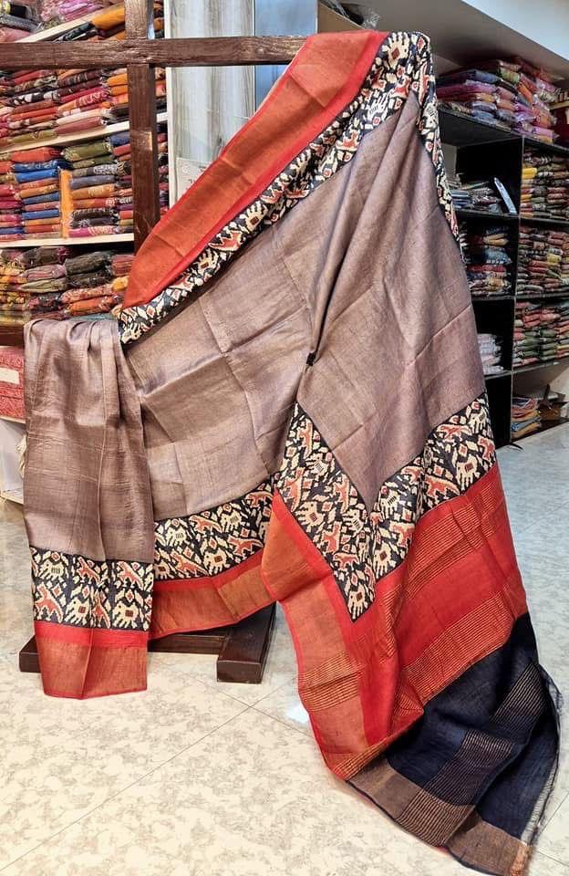 Tussar Handprint by Icultuers with Elegant Kanchi Pallu in Grey