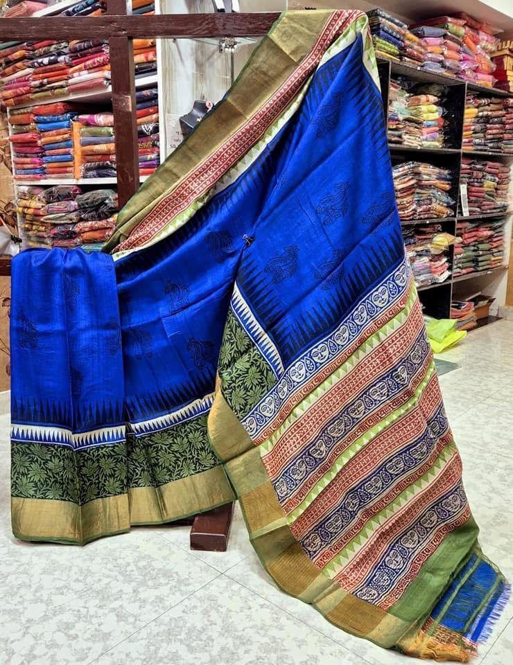 Timeless Beauty: Tussar Silk Handprint Sarees with Classic Kanchi Pallu in Blue