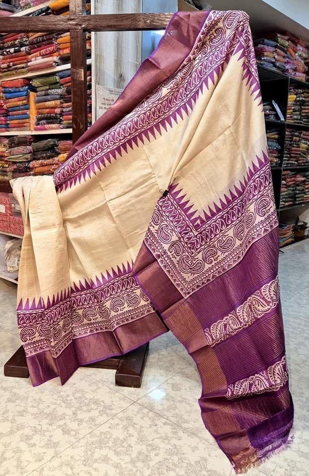 Tussar Handprint Sarees with Elegant Kanchi Pallu in Purple