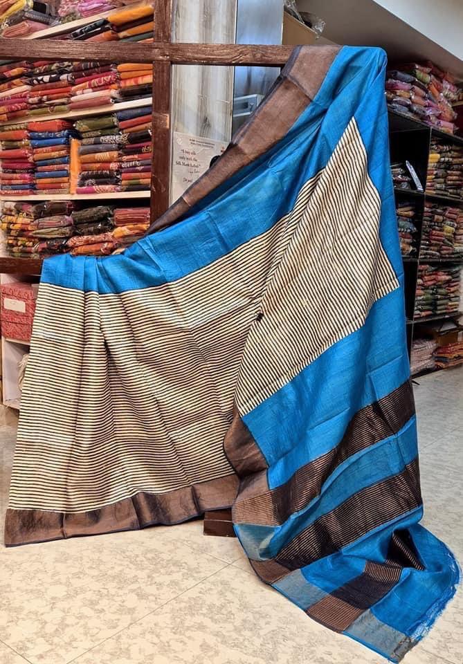 Ethereal Elegance: Tussar Handprint Sarees Adorned with Kanchi Pallu in Blue