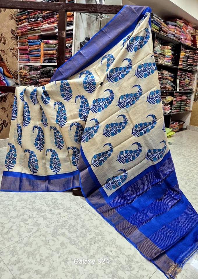 Regal Appeal: Tussar Handprint Sarees with Stunning Kanchi Pallu in Blue