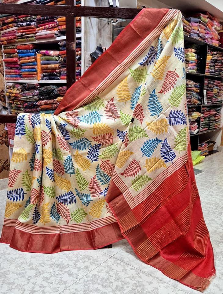 Heritage Weaves: Tussar Handprint Sarees with Rich Kanchi Pallu in Red