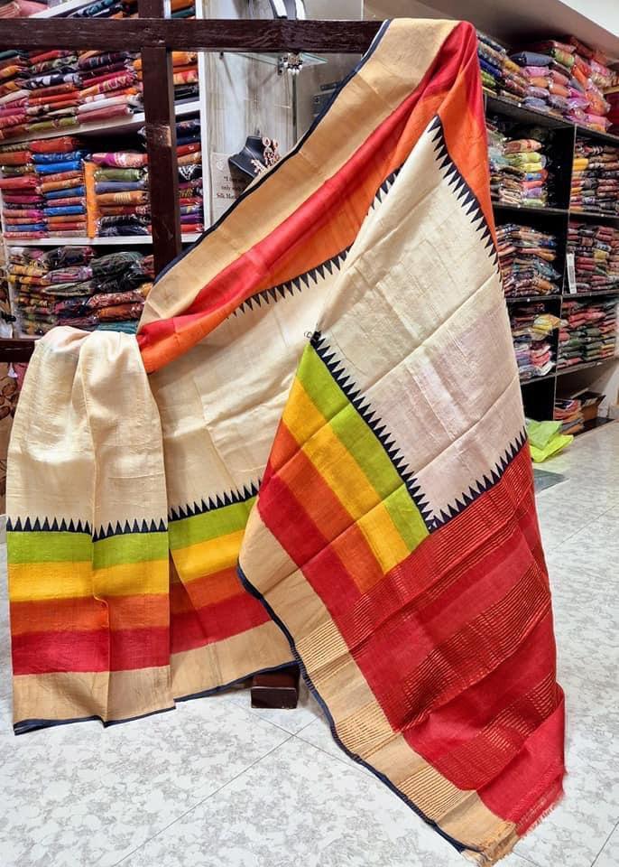 Ethereal Elegance: Tussar Silk Handprint Sarees with Classic Kanchi Pallu in Red