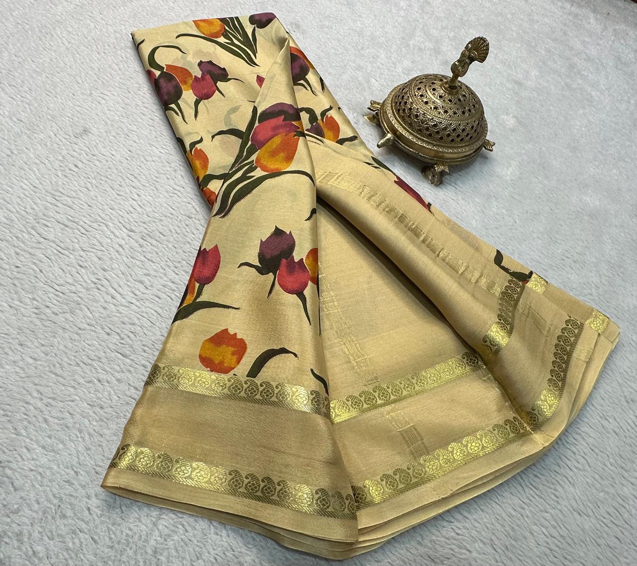Captivating Charm: Floral Printed Silk by Icultuers with Classic Patta Pallu