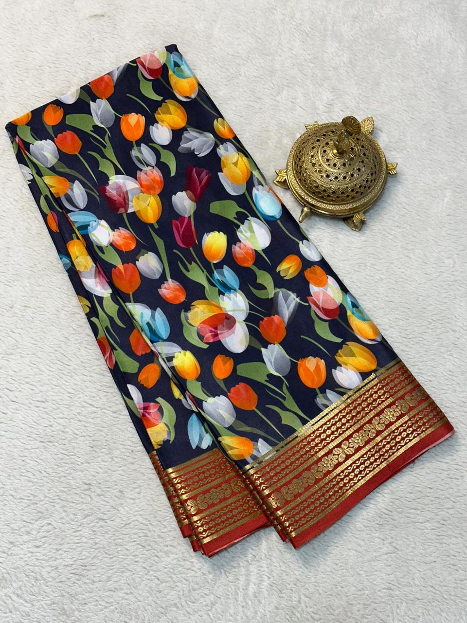 Elegant Modern Printed Mysore Crepe Silk by Icultuer with Kanchi Border