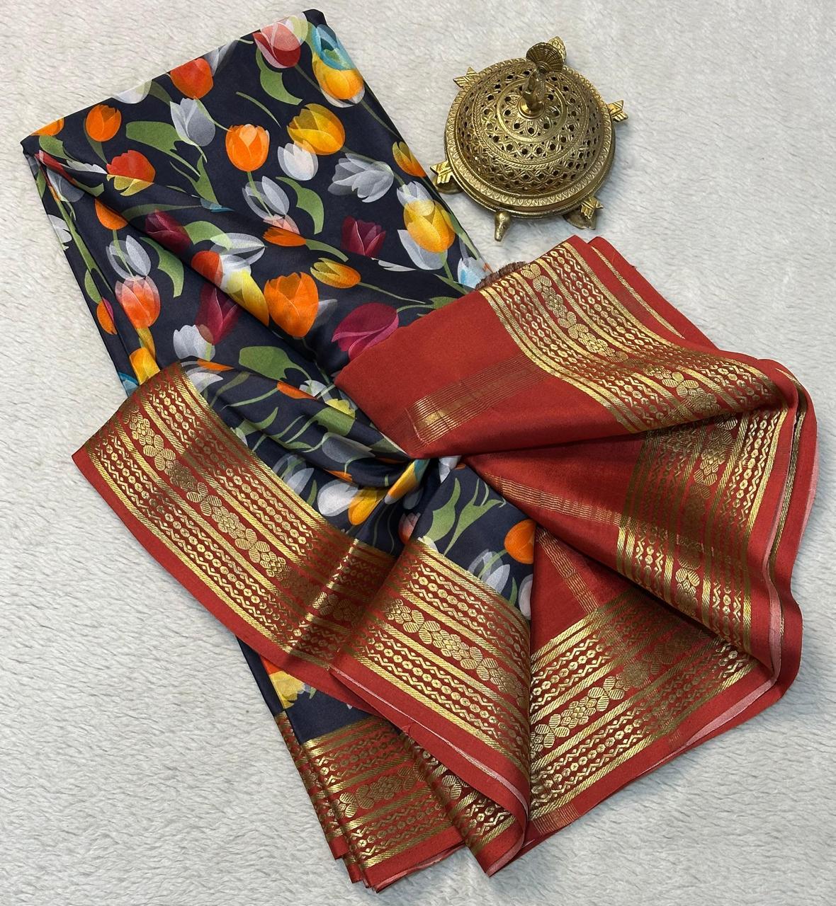 Elegant Modern Printed Mysore Crepe Silk by Icultuer with Kanchi Border
