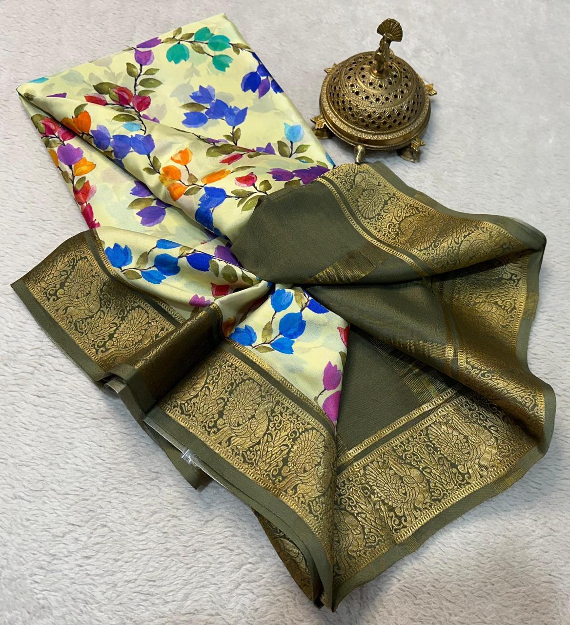 Graceful Modern Printed Mysore Crepe Silk with Contrast Pallu