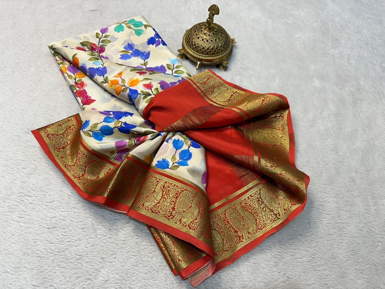Fashionable Modern Printed Mysore Crepe Silk with Contrast Pallu