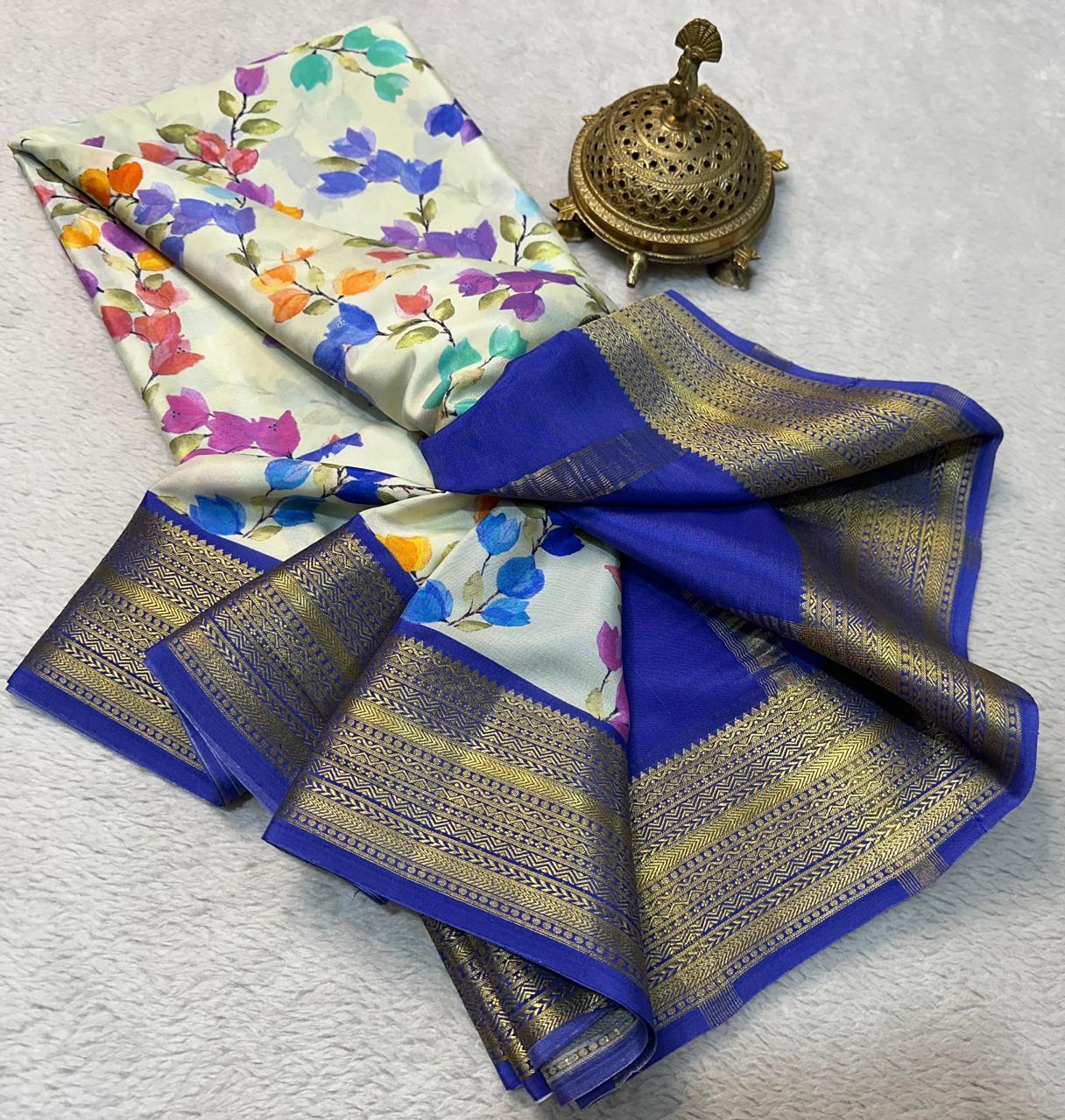 Exclusive Modern Printed Mysore Crepe Silk with Kanchi Border and Blouse