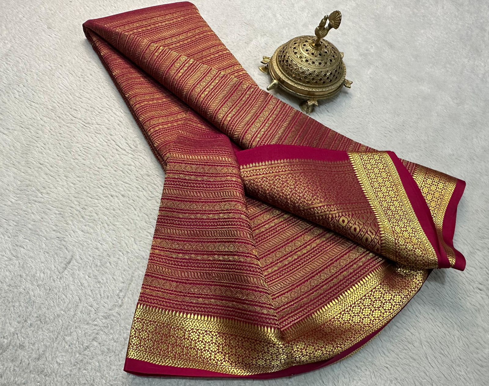 Pink Pure Brocade Mysore Silk by Icultuers, Zari Weaving, Rich Pallu