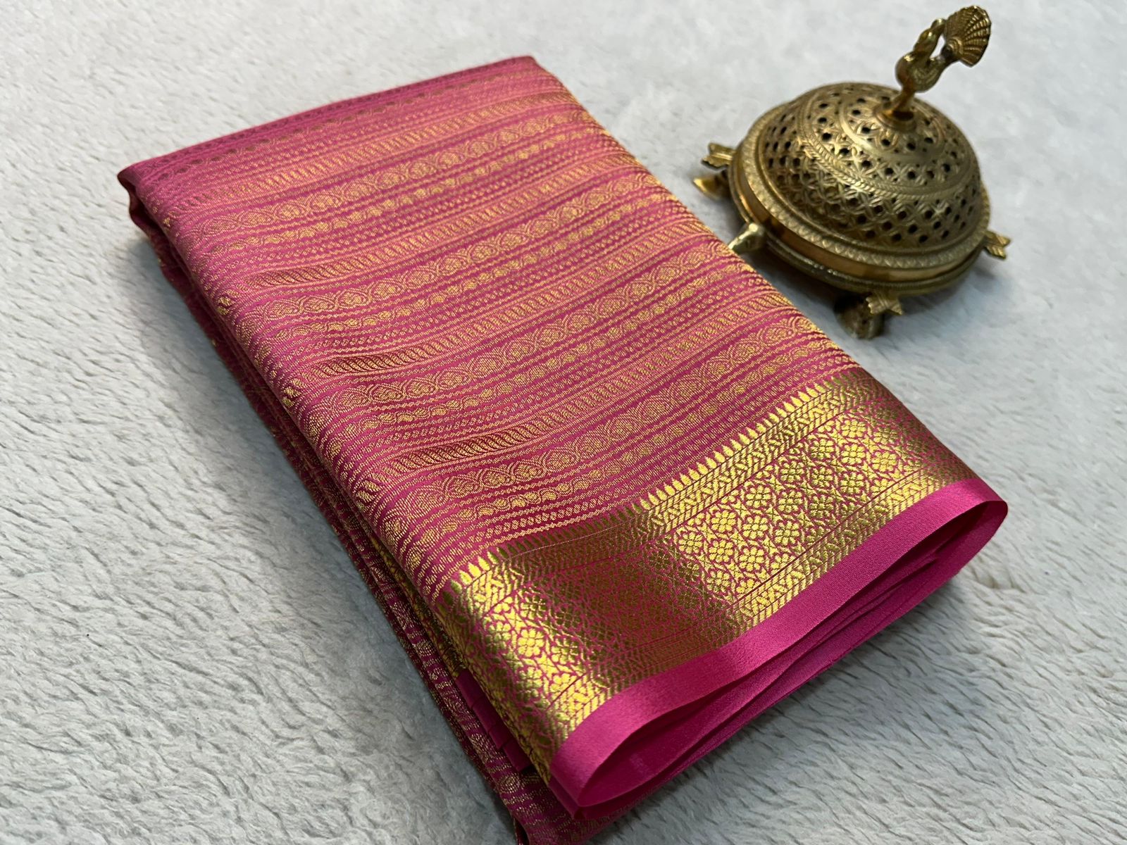 Pink Pure Brocade Mysore Silk by Icultuers, Zari Weaving, Rich Pallu