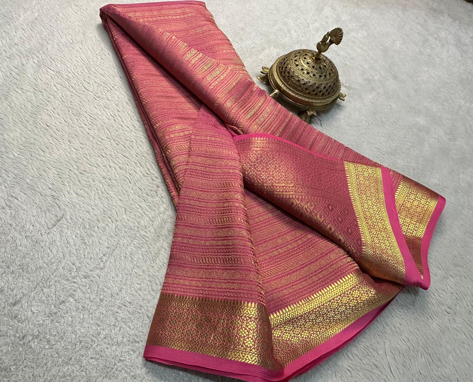Pink Pure Brocade Mysore Silk by Icultuers, Zari Weaving, Rich Pallu