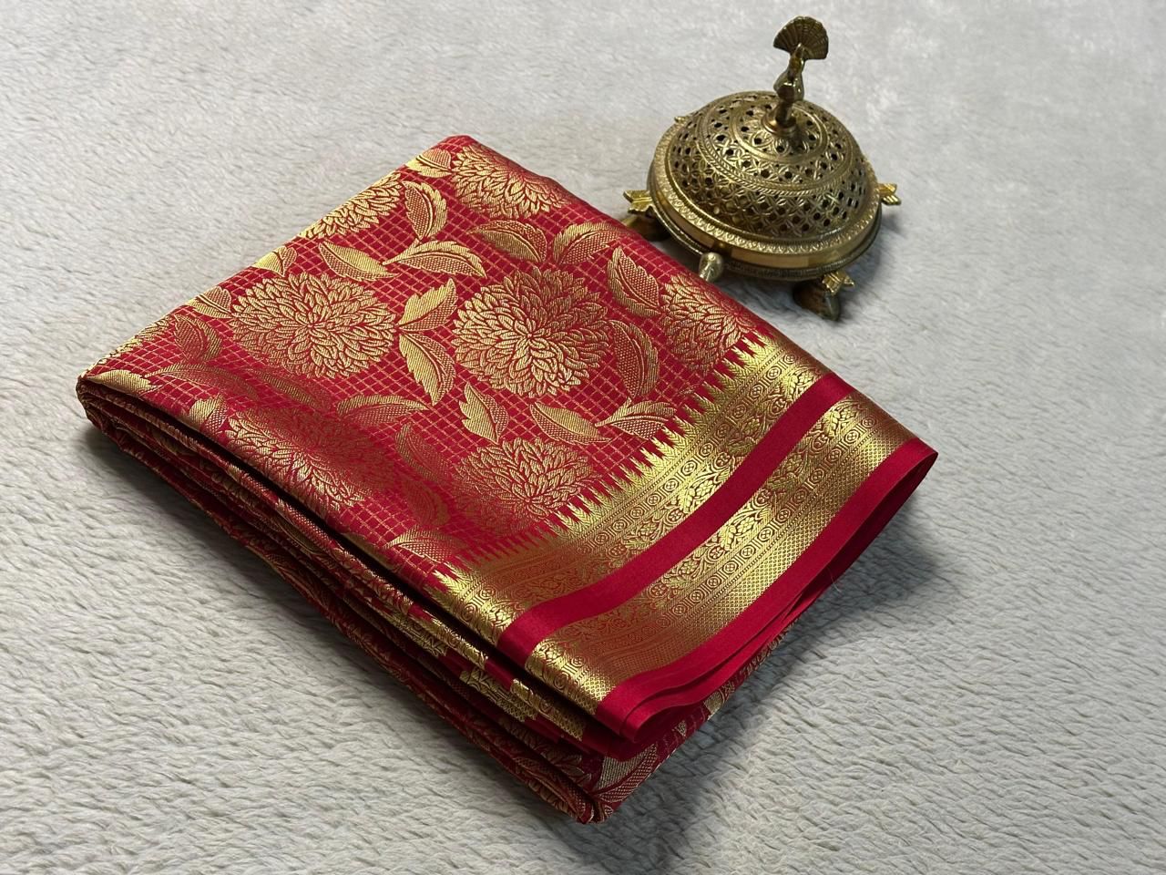 Luxurious Bridal Silk Brocade by Icultuer: Gold & Silver Zari with Rich Floral Checks and Opulent Pallu
