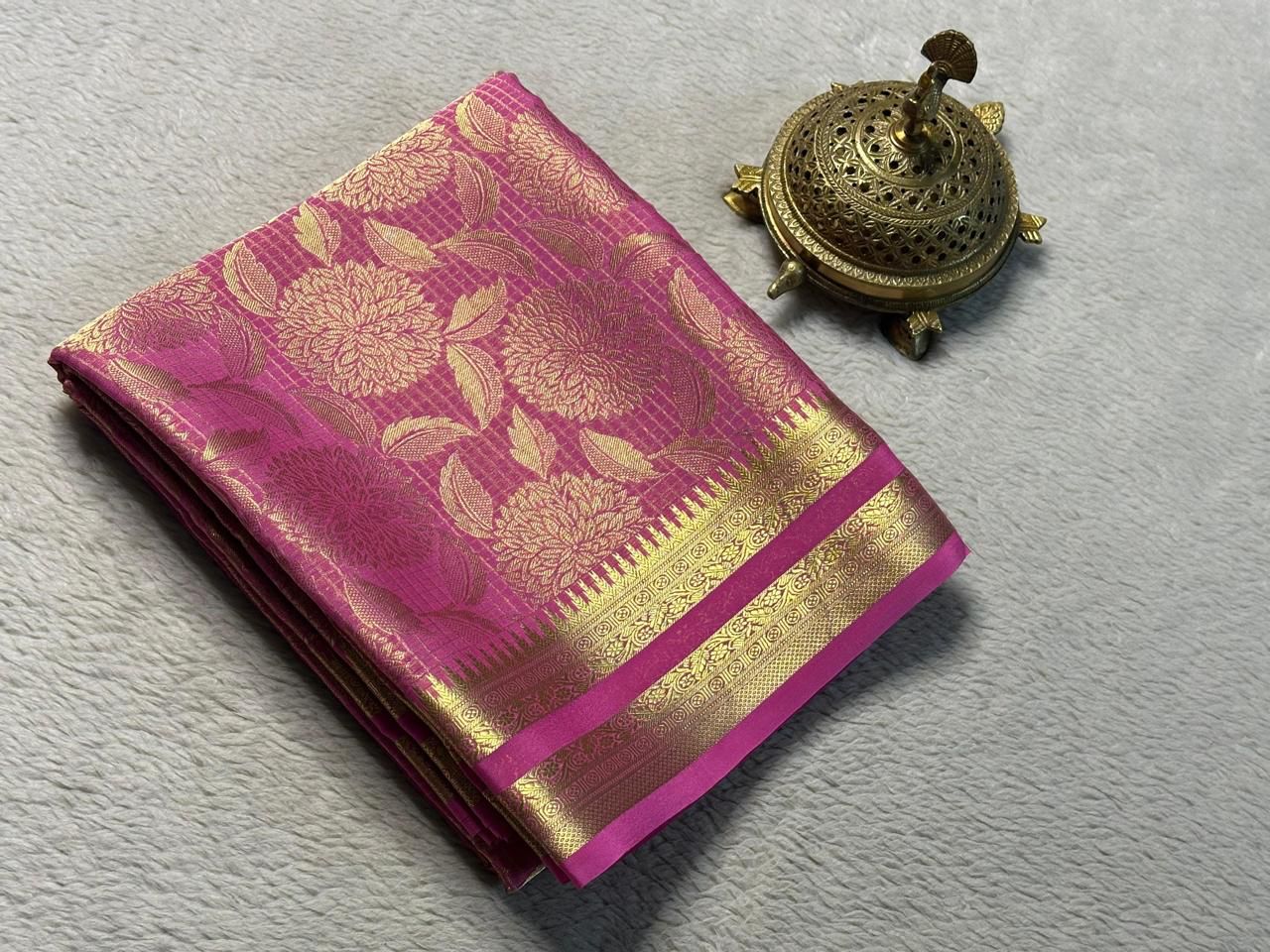 Luxurious Bridal Silk Brocade by Icultuer: Gold & Silver Zari with Rich Floral Checks and Opulent Pallu