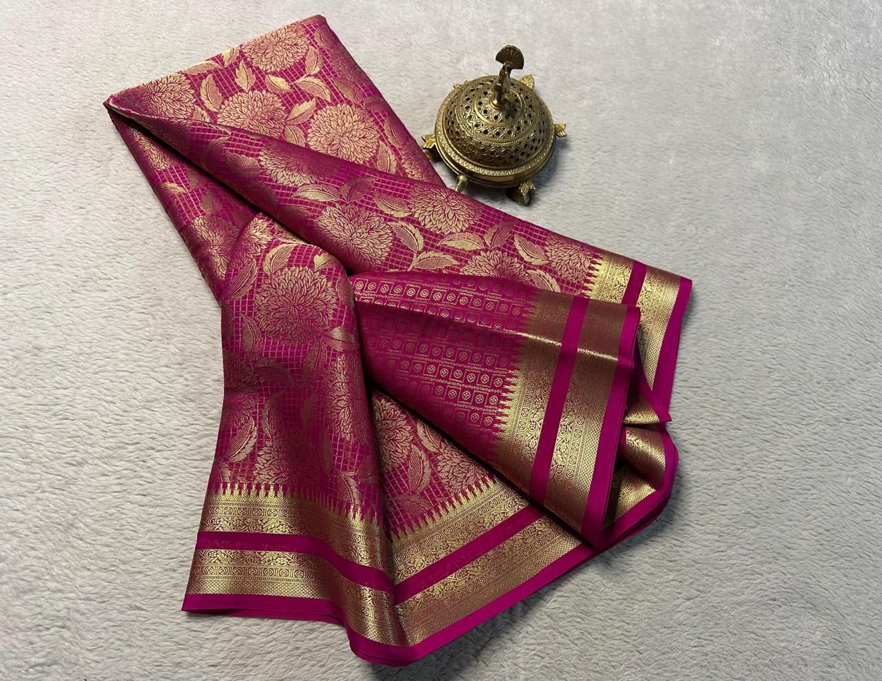 Luxurious Bridal Silk Brocade by Icultuer: Gold & Silver Zari with Rich Floral Checks and Opulent Pallu
