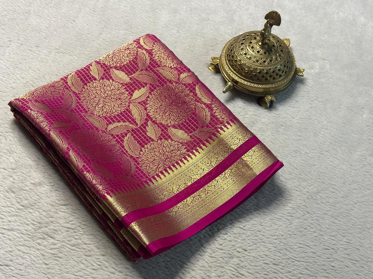 Luxurious Bridal Silk Brocade by Icultuer: Gold & Silver Zari with Rich Floral Checks and Opulent Pallu