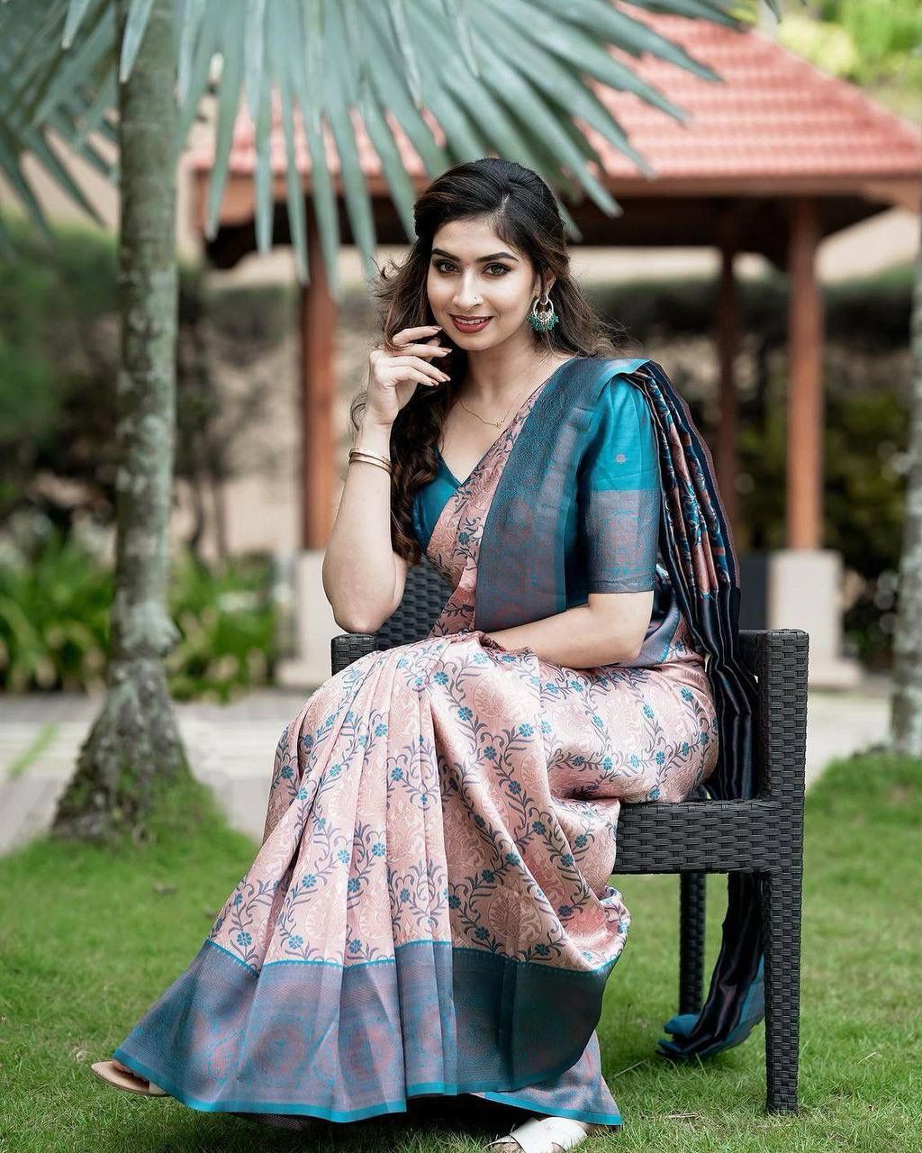 Blush Pink Soft Silk Saree with icultural Blue Contrast Border