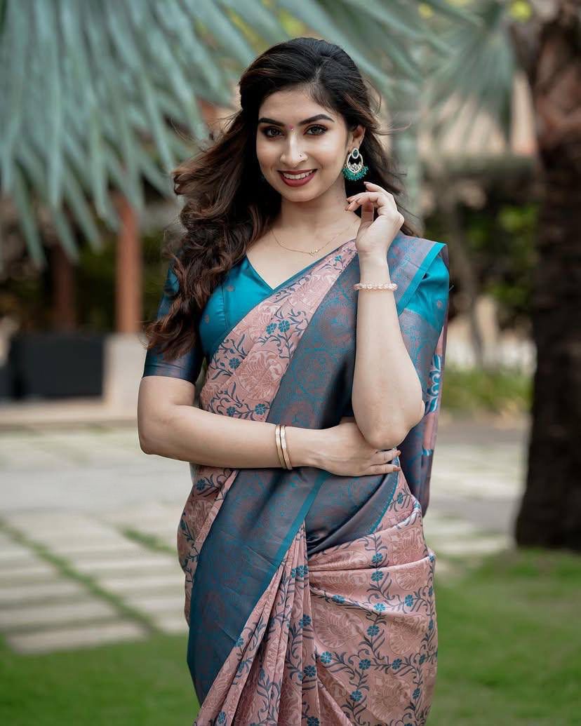 Blush Pink Soft Silk Saree with icultural Blue Contrast Border