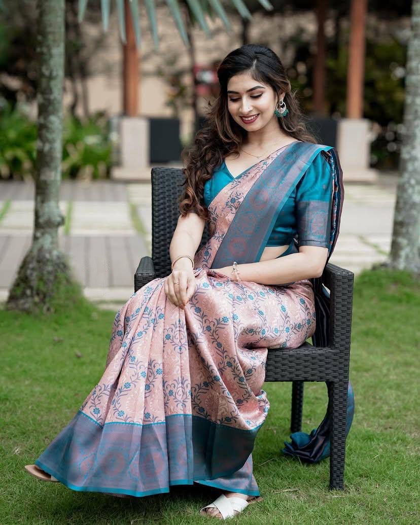 Blush Pink Soft Silk Saree with icultural Blue Contrast Border