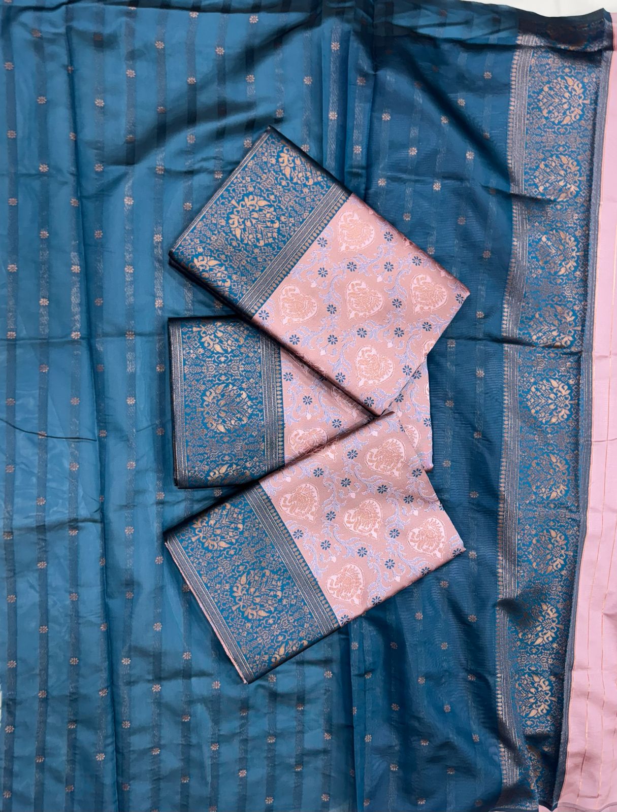 Blush Pink Soft Silk Saree with icultural Blue Contrast Border