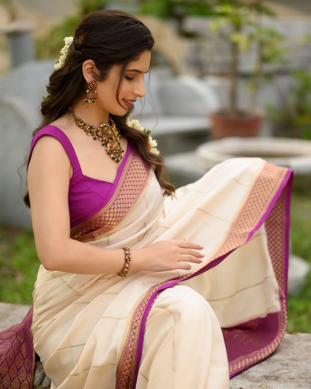 icultural Cream Saree with Rich Purple Zari Border