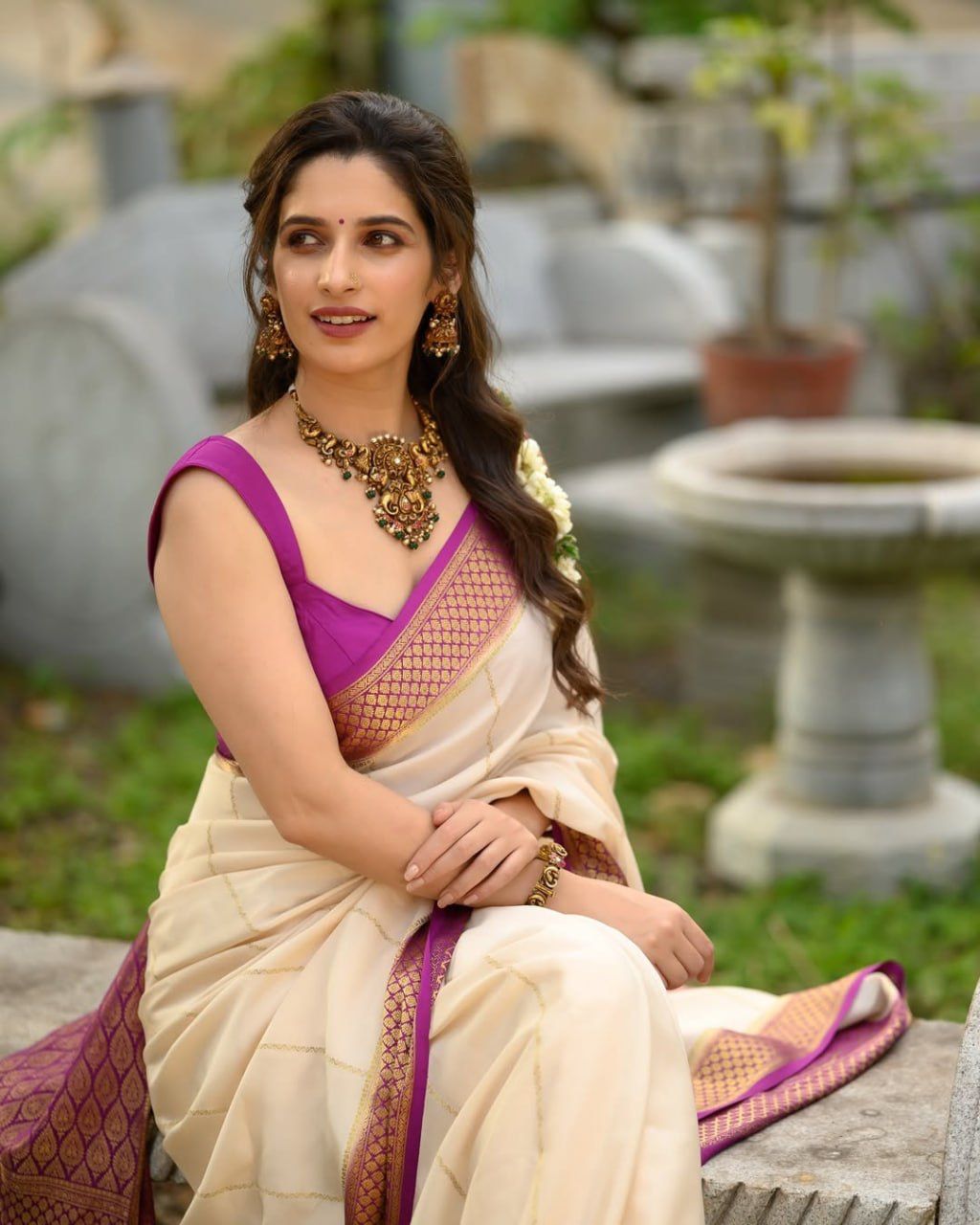 icultural Cream Saree with Rich Purple Zari Border