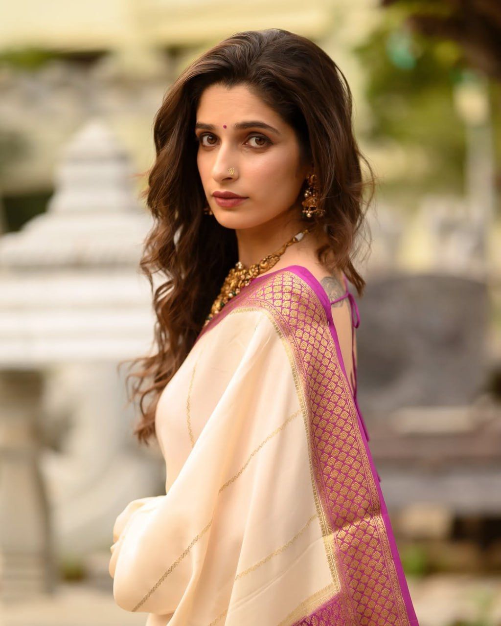 icultural Cream Saree with Rich Purple Zari Border