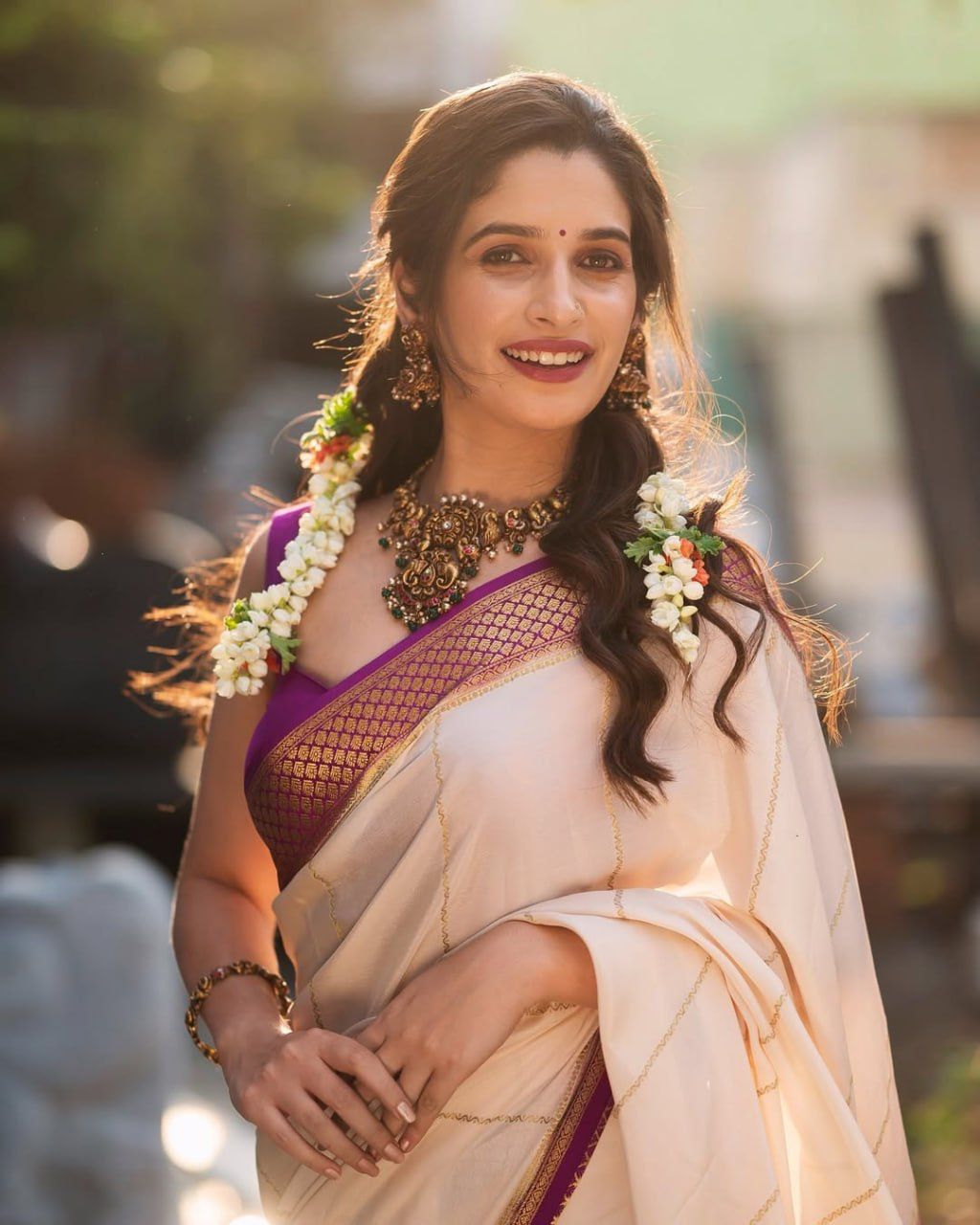 icultural Cream Saree with Rich Purple Zari Border