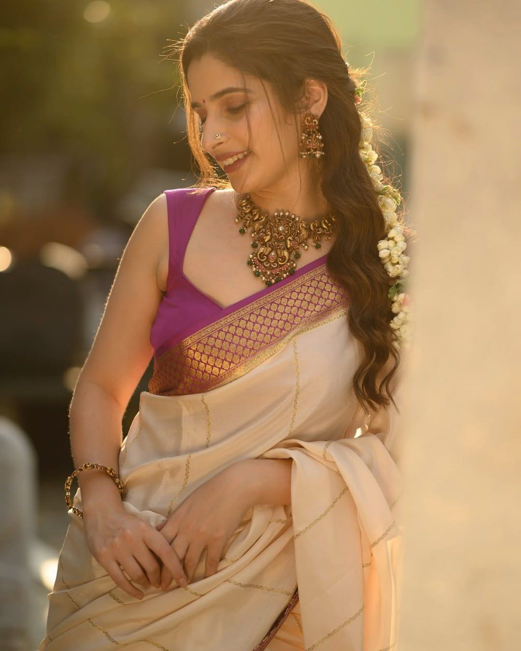 icultural Cream Saree with Rich Purple Zari Border