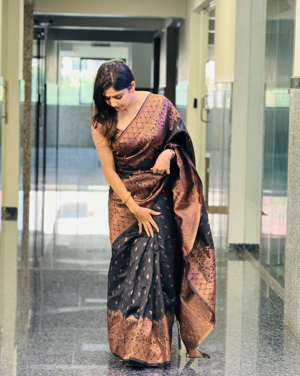 Black & Coffee Brown Banarasi Saree with icultural Zari Weave
