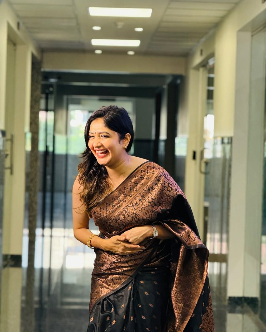 Black & Coffee Brown Banarasi Saree with icultural Zari Weave