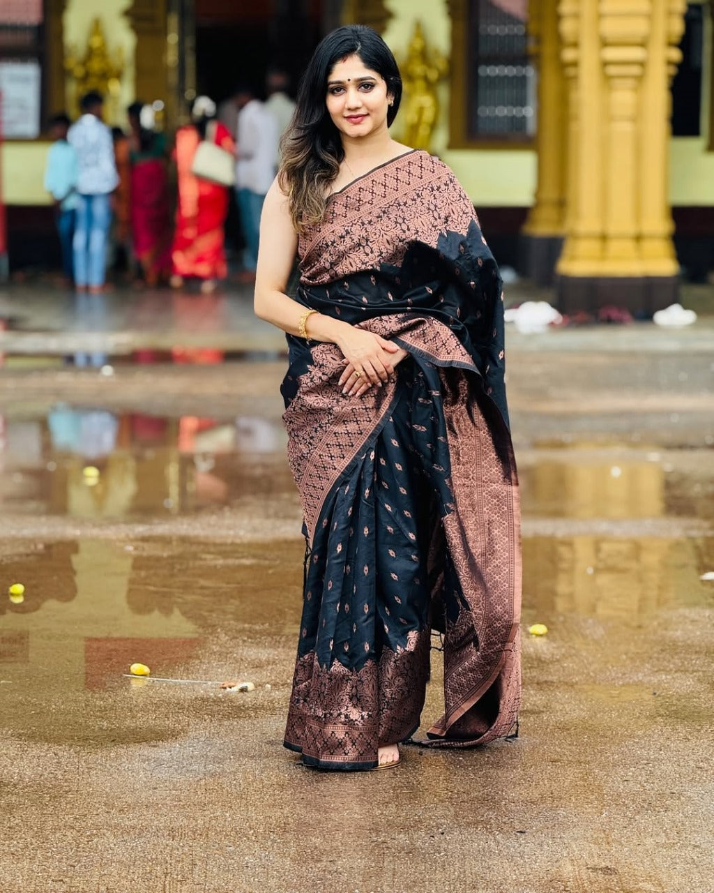 Black & Coffee Brown Banarasi Saree with icultural Zari Weave