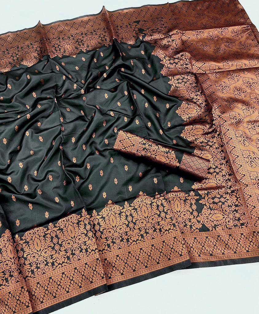 Black & Coffee Brown Banarasi Saree with icultural Zari Weave
